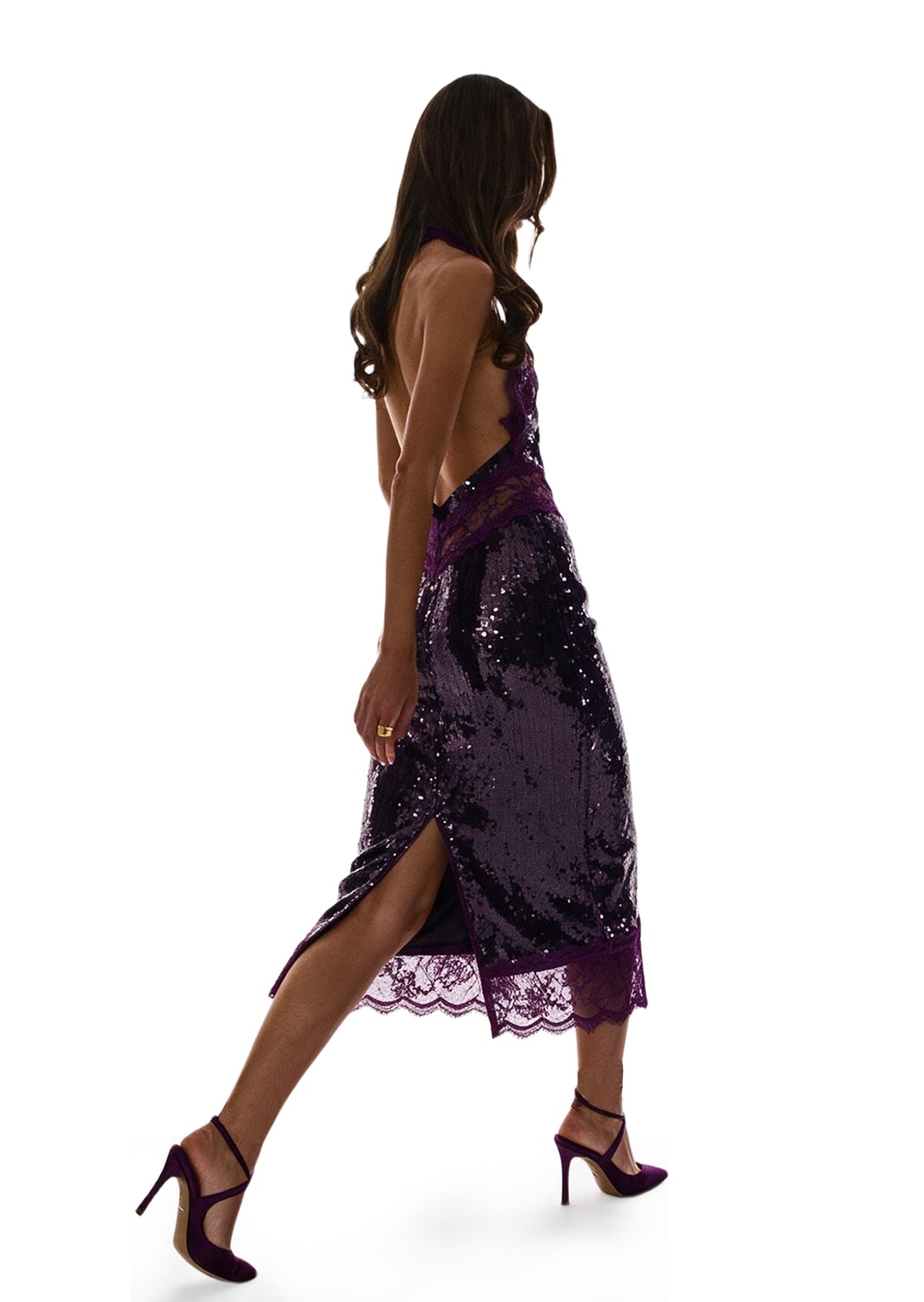 Julieta Sequin Lace Midi Dress In Purple