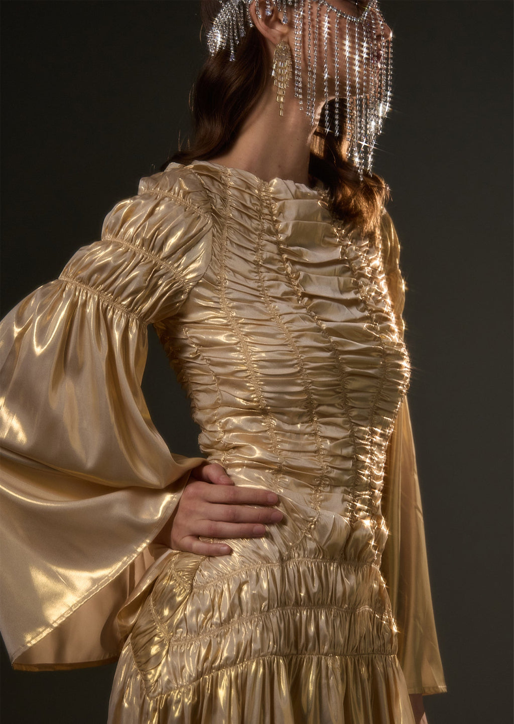 Solid Metallic Elasticated Gathers Maxi Dress