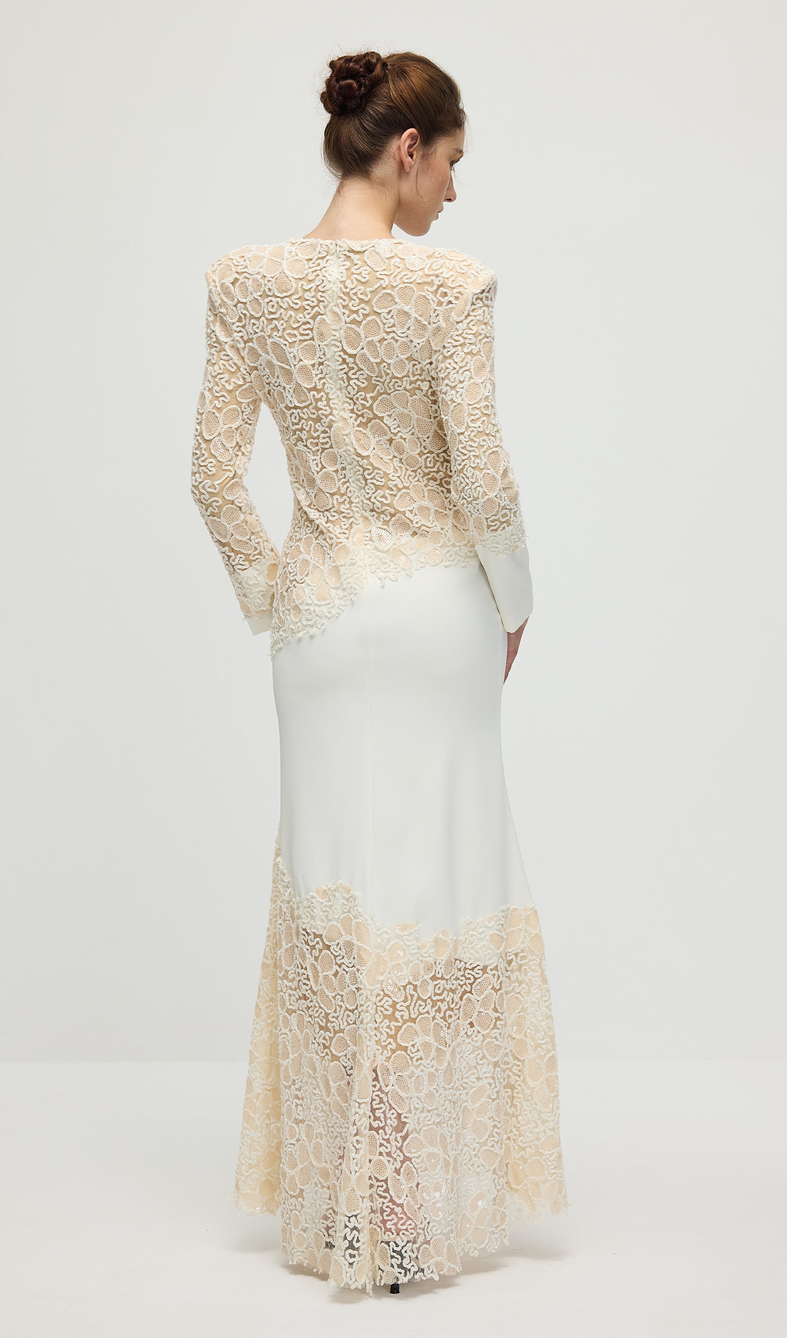 Textured Floral Embroidered Sequined Maxi Dress In Ivory