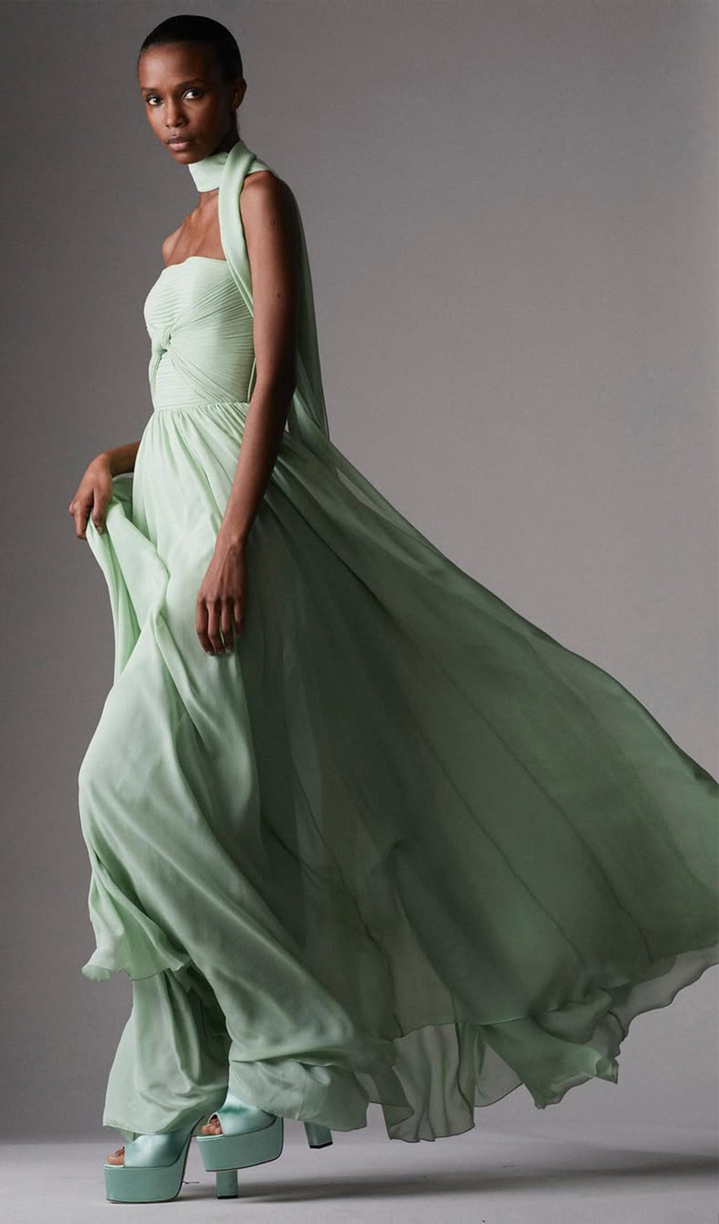 Scarf Neck Strapless Georgette Gown Maxi Dress