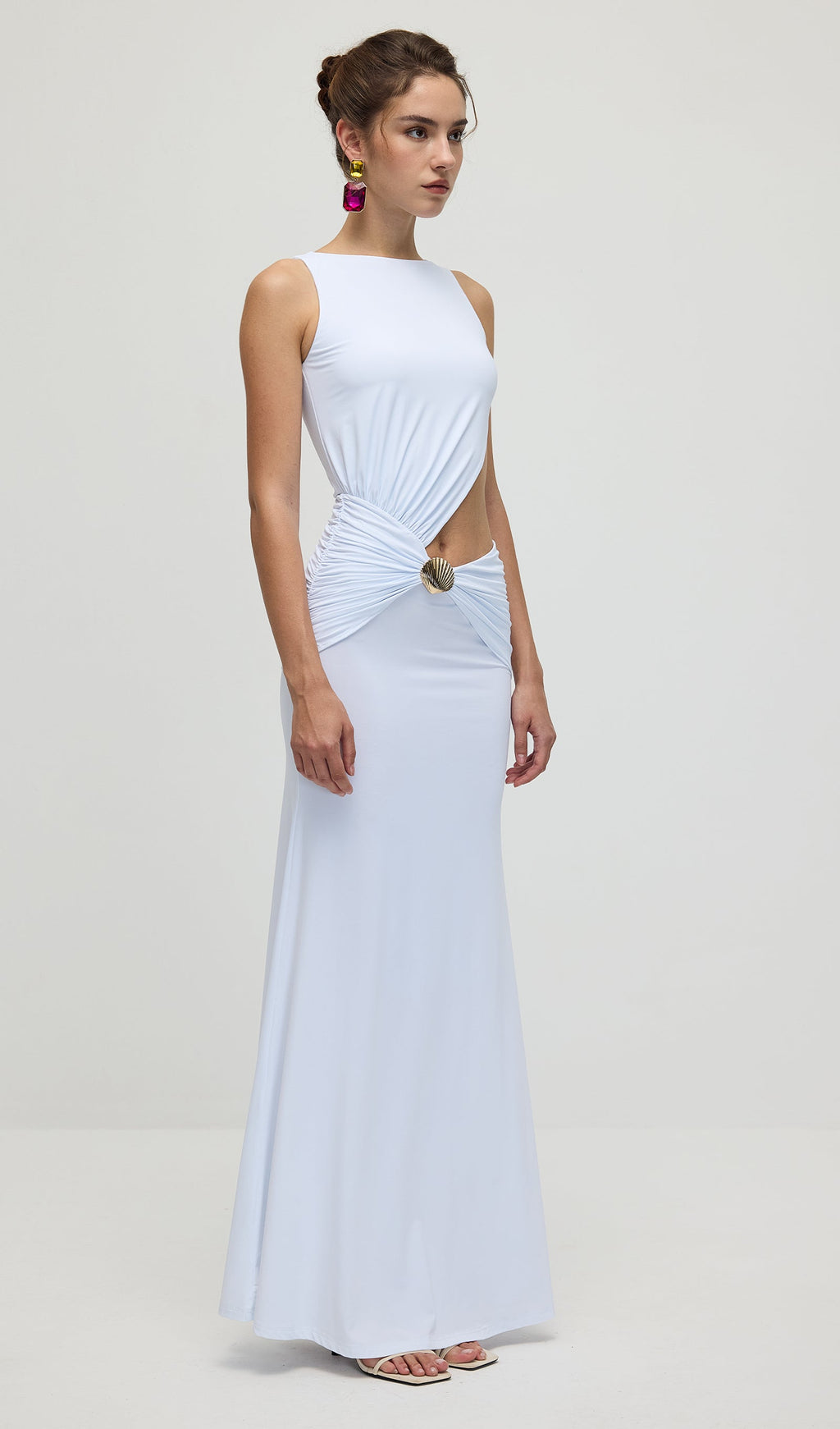 Draping And Shell Decorations Maxi Dress In White