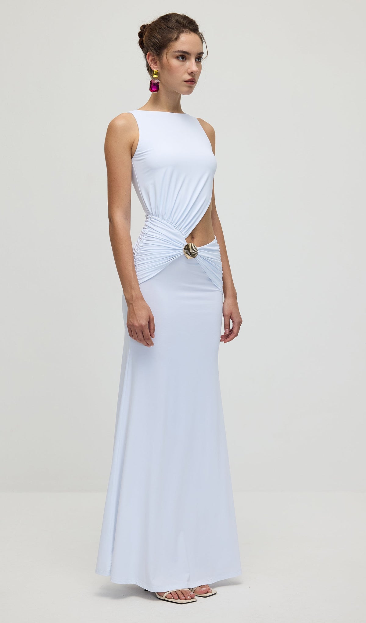 Draping And Shell Decorations Maxi Dress In White