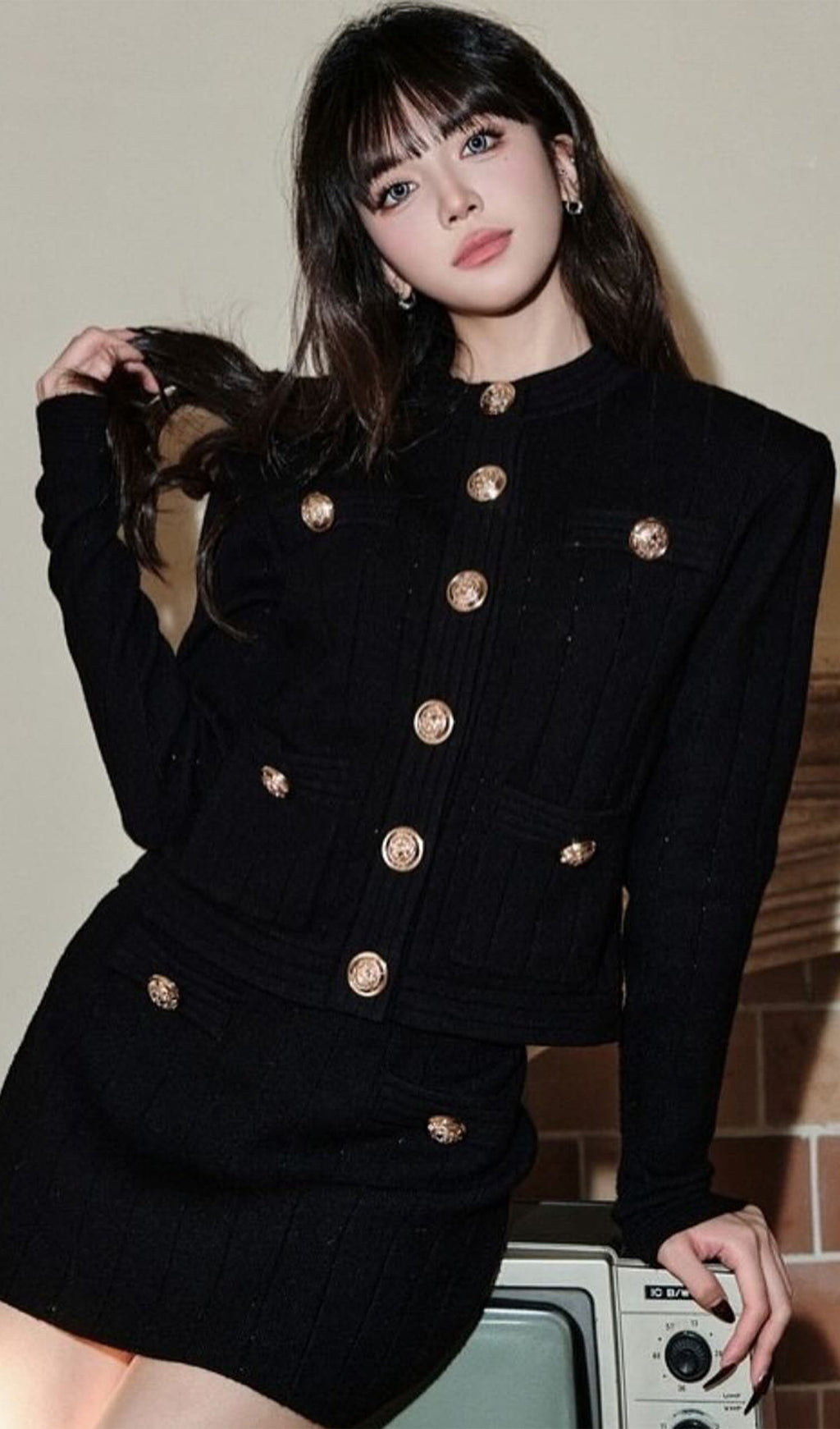 Button Embellished Knit Top-Black
