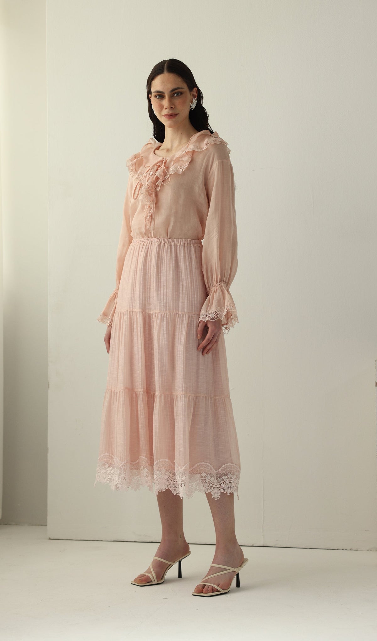 V Neck Lace Panel Ruffled Top