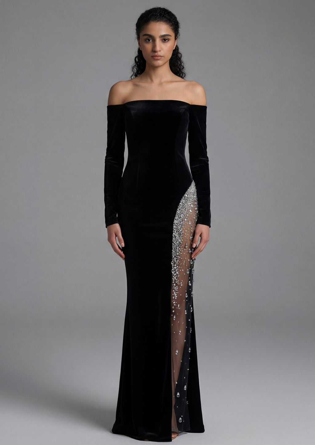Jean Off Shoulder Velvet Maxi Dress In Black