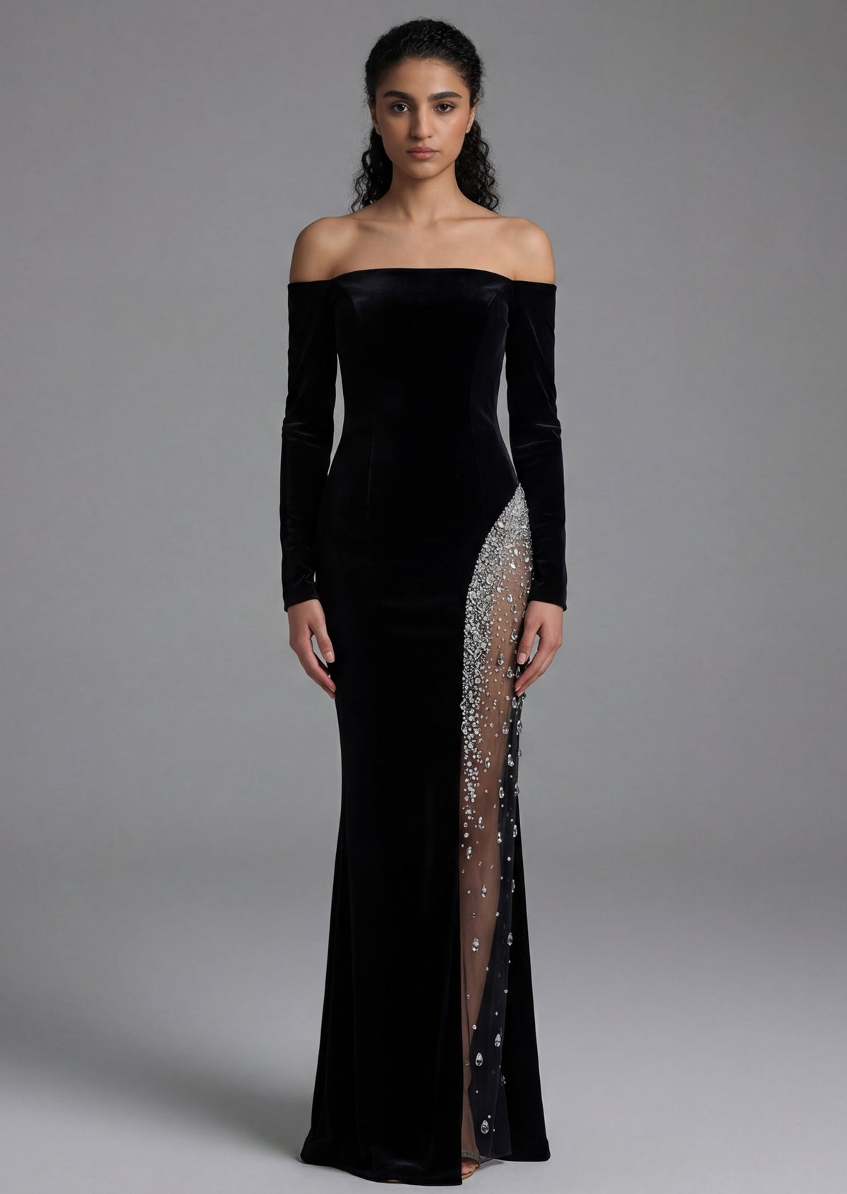 Jean Off Shoulder Velvet Maxi Dress In Black