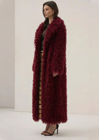 Faux Fur Maxi Jacket In Burgundy