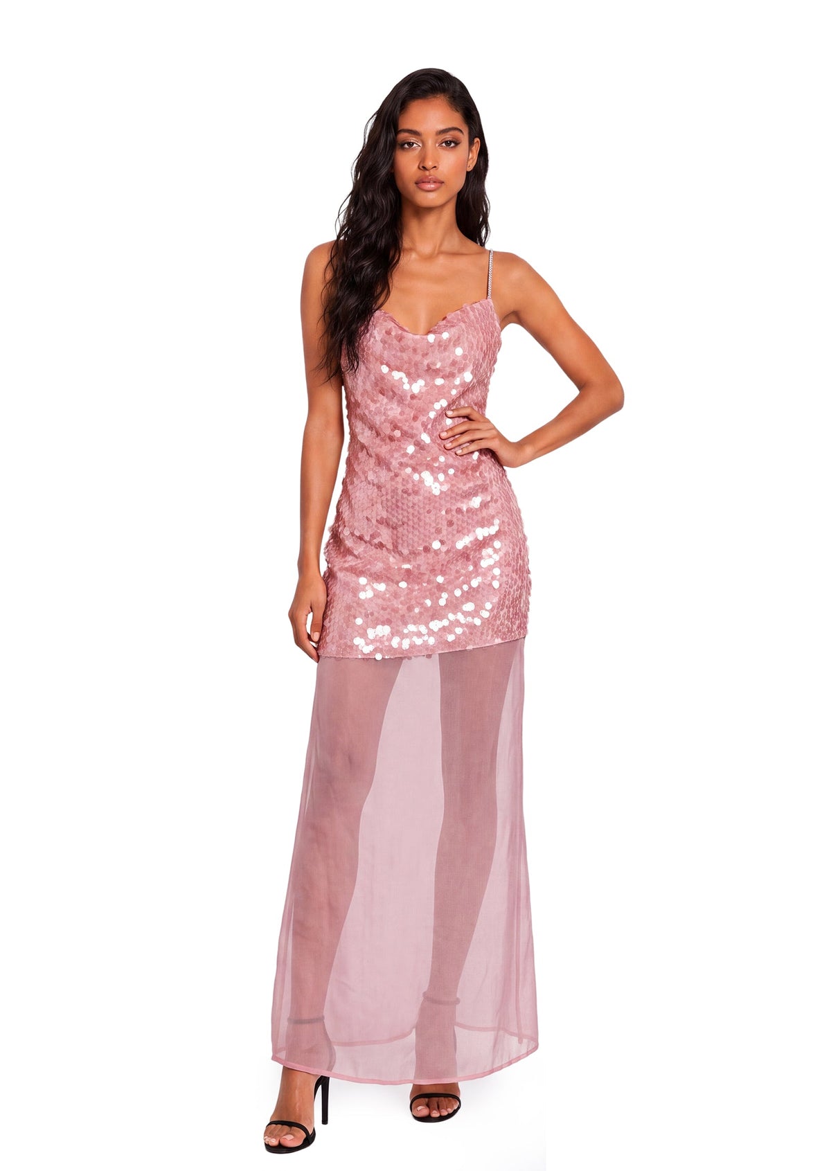 Wamblee Sequined Mesh Maxi Dress In Pink