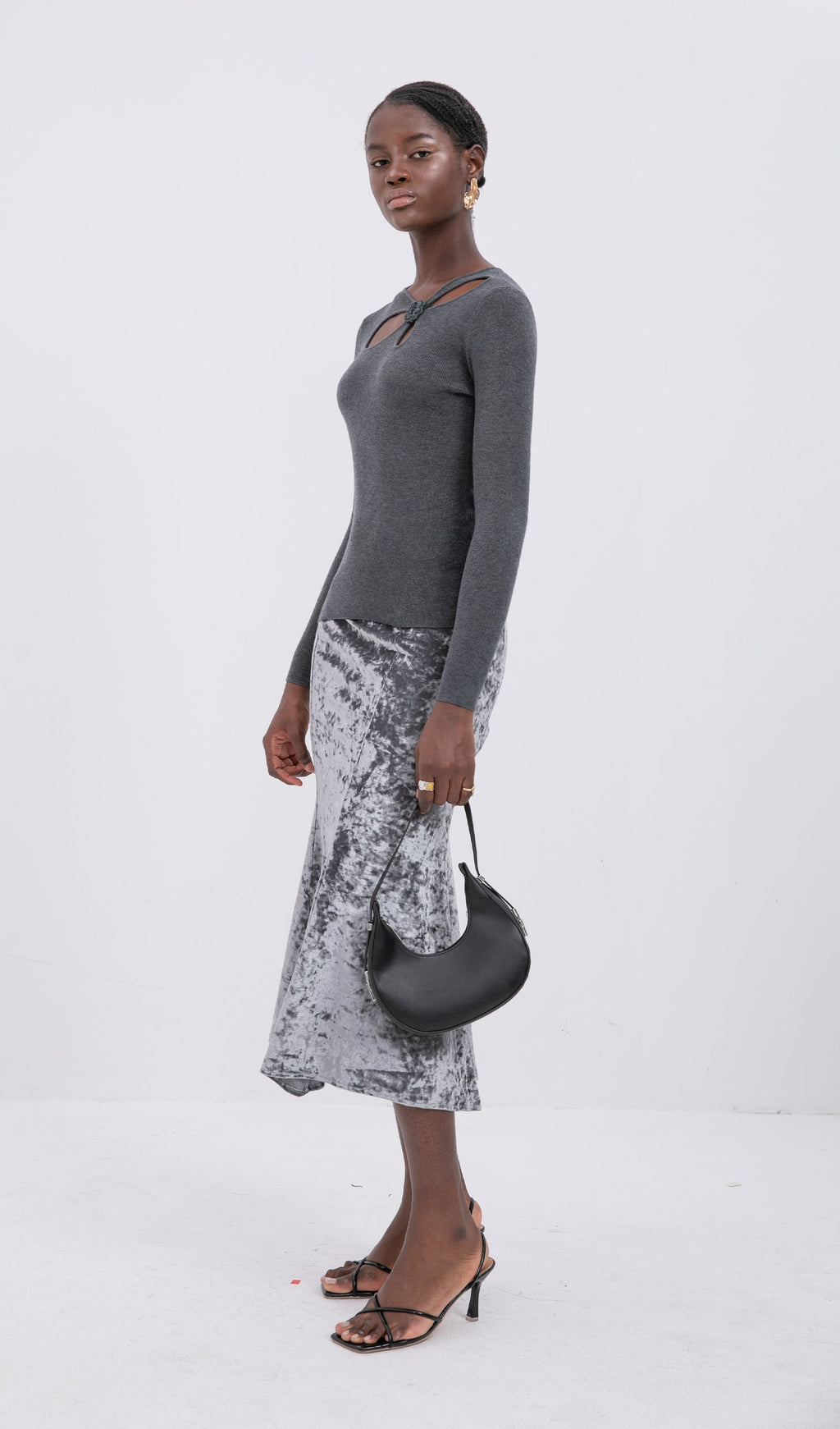 Trendy High Waist Velvet Midi Skirt-Silver