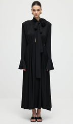 Flower V-Neck Pleated Slit Maxi Dress In Black