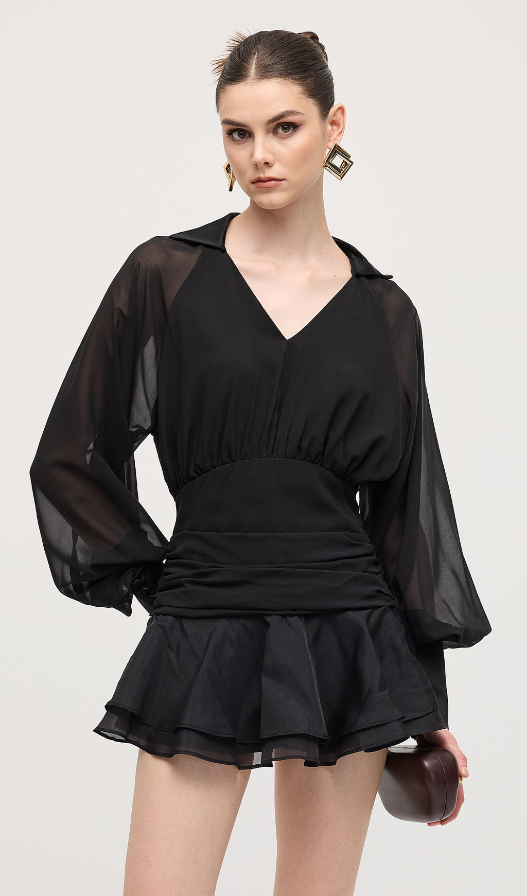 Solid Lantern Sleeve Mini Dress Black