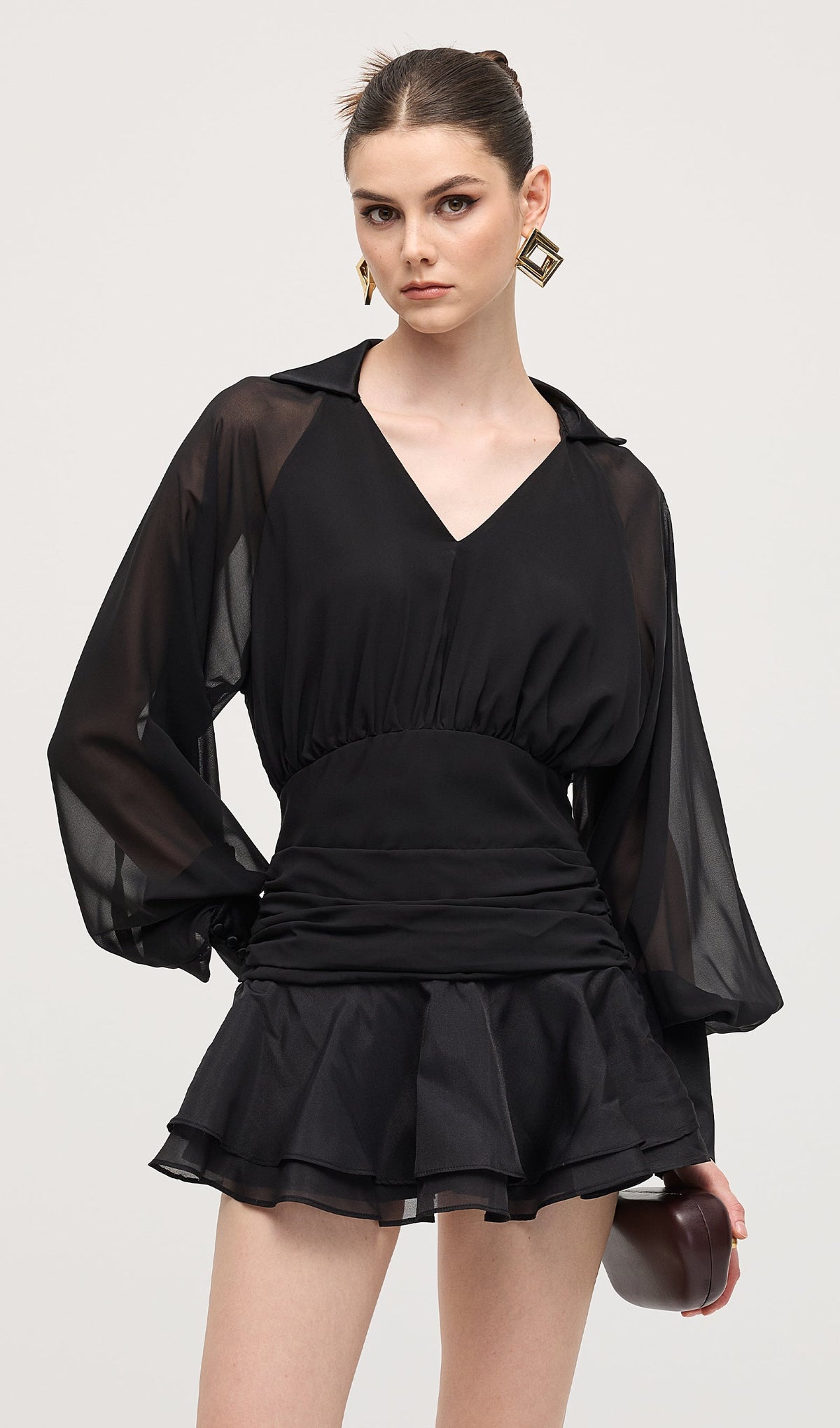 Solid Lantern Sleeve Mini Dress Black