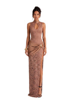 Loa Stand Up Collar Slit Maxi Dress In Light Brown
