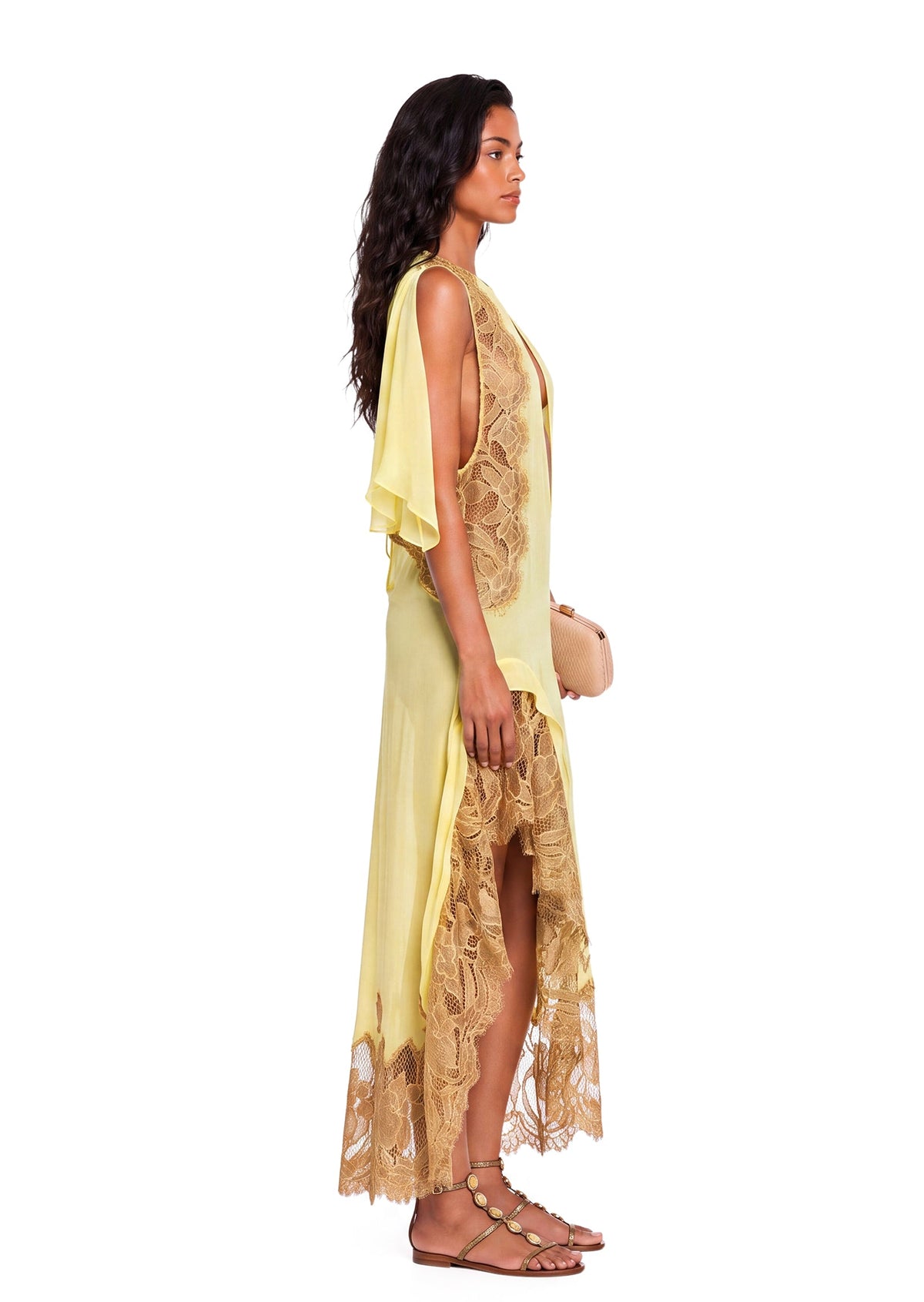 Sabra Sheer Lace Midi Dress In Yellow