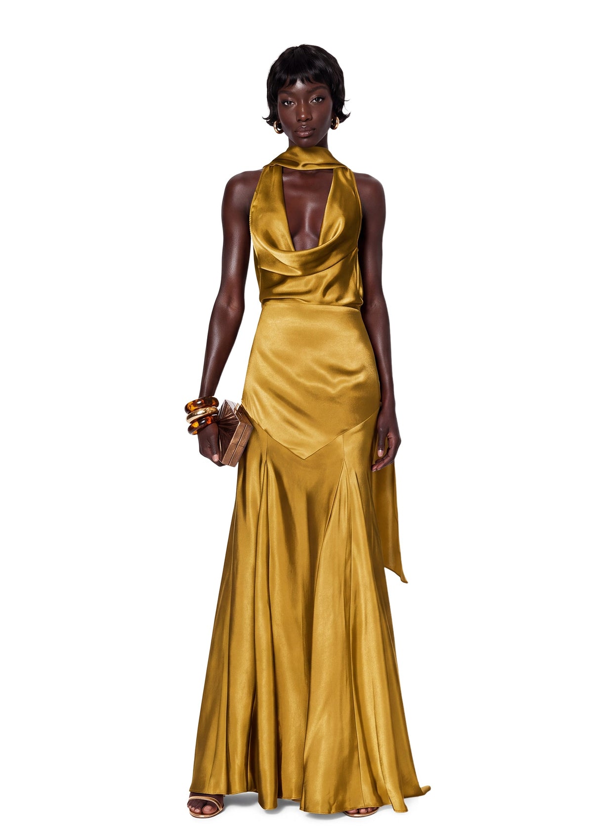 Quanita Satin Halter Neck Maxi Dress In Yellow