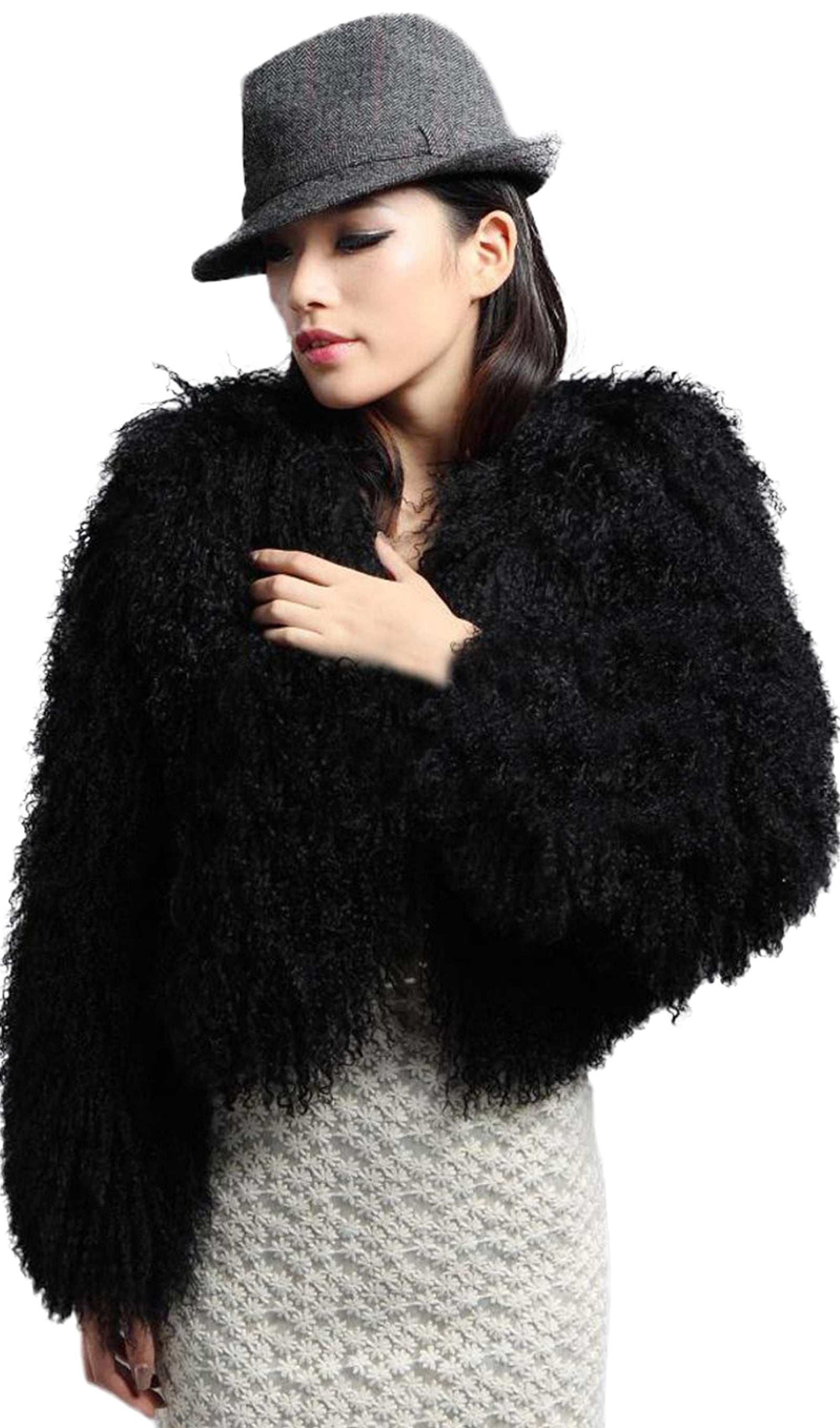 Short Shearling Jacket Coat-Black