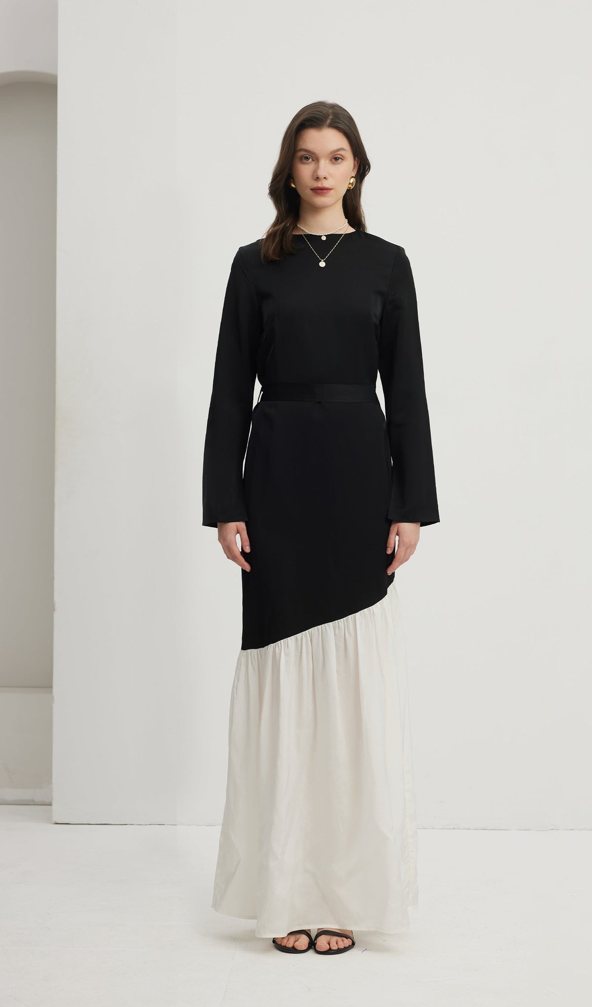 Asymmetrical Black/White Colorblock Maxi Dress