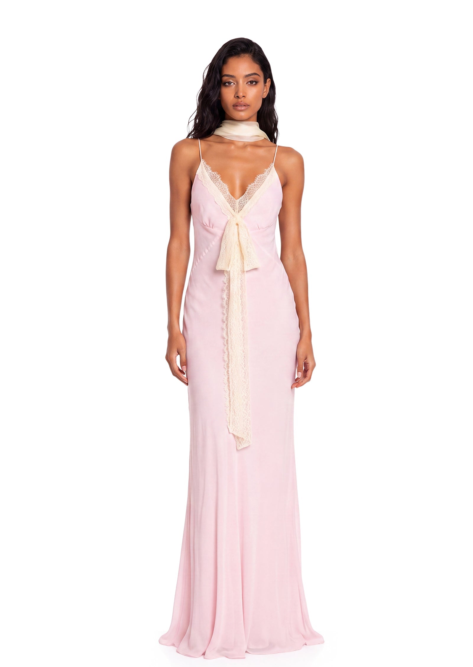 Sadia Lace Satin Maxi Dress In Pink