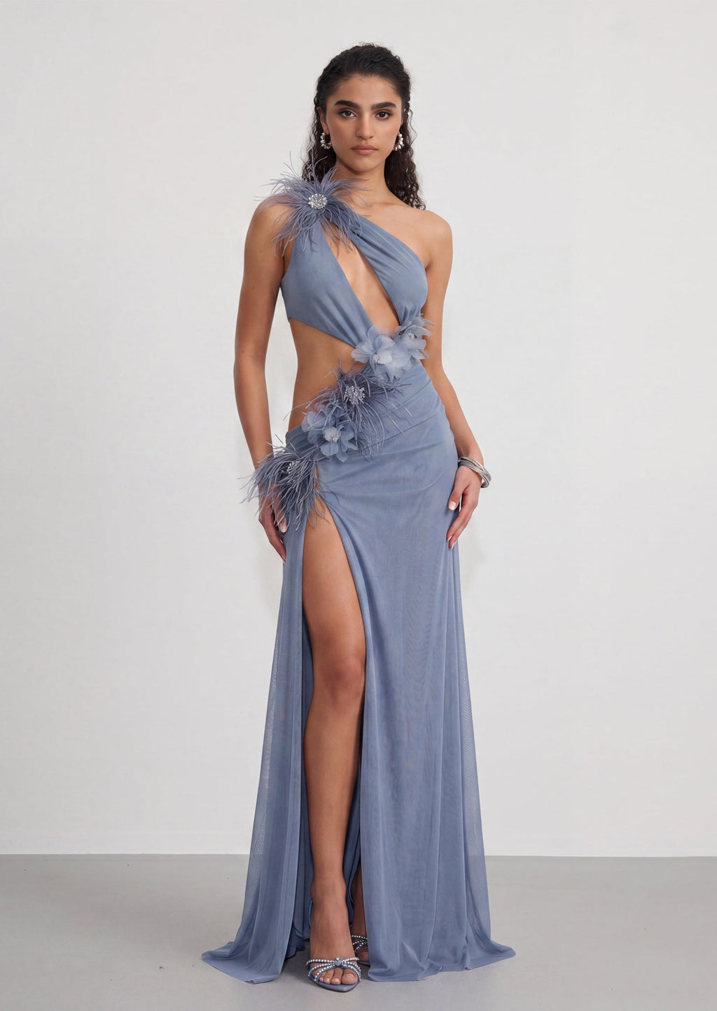 Sydnie Cut Out Maxi Dress With Feathers In Blue