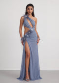 Sydnie Cut Out Maxi Dress With Feathers In Blue