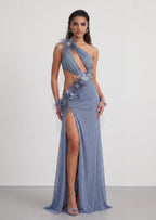 Sydnie Cut Out Maxi Dress With Feathers In Blue