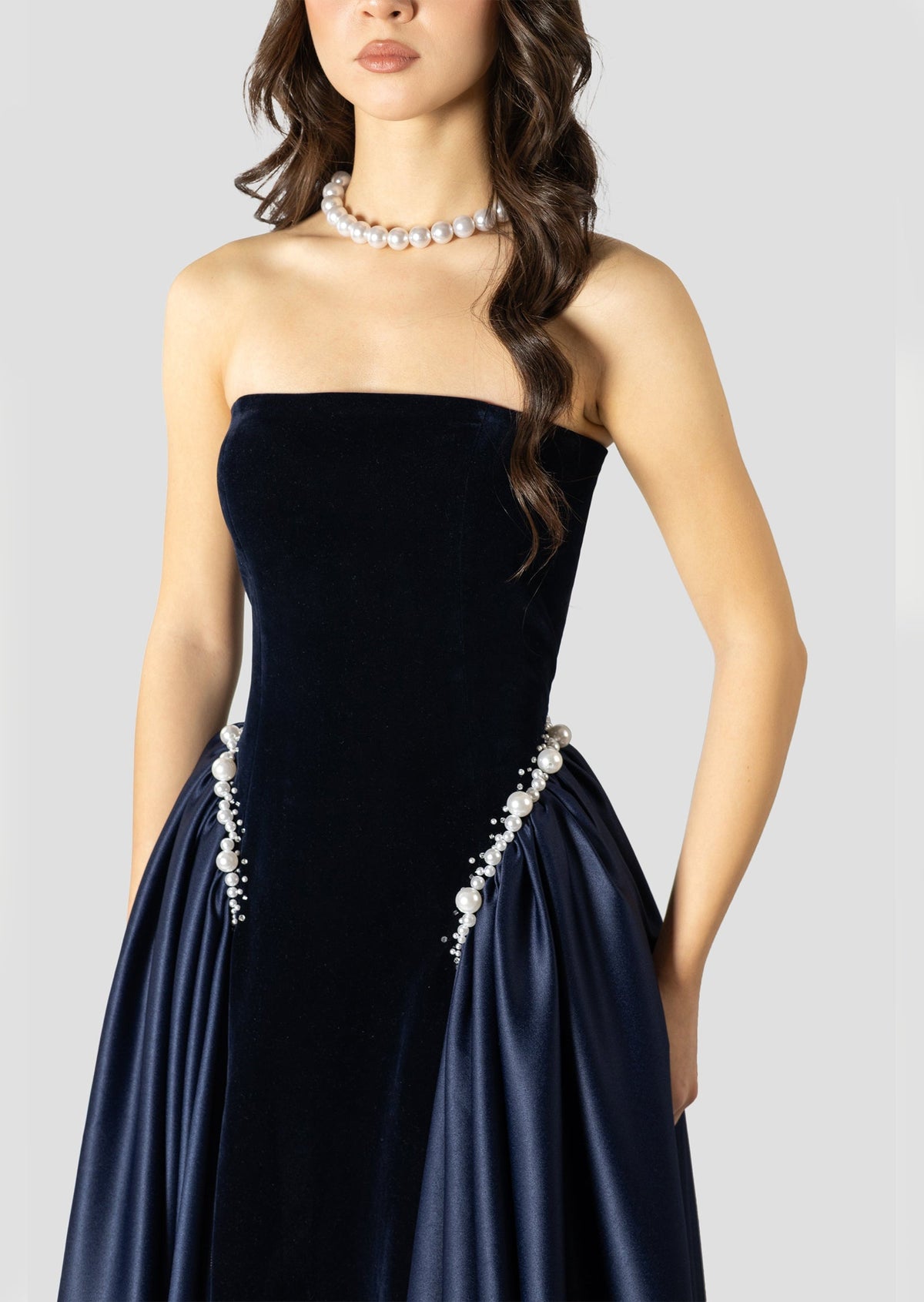 Dark Blue And Pearls Embroidered Dress