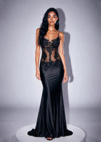 Gabouray Lace Satin Maxi Dress  In Black