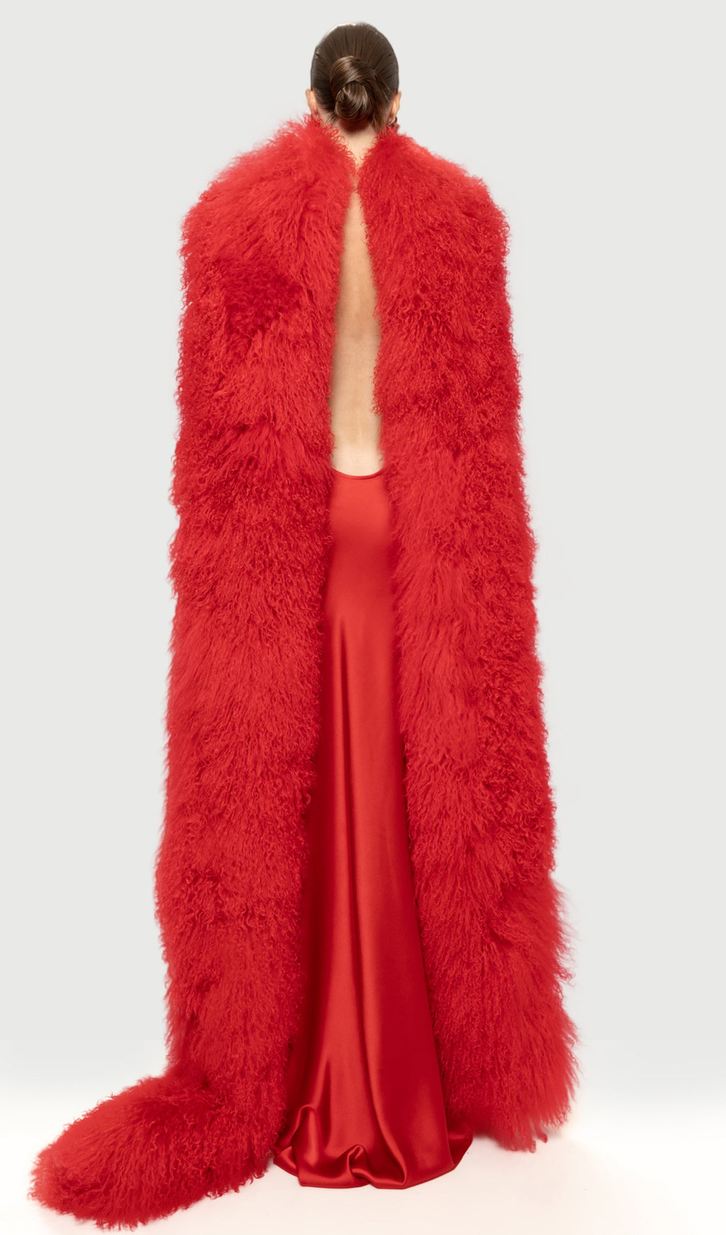Fringe Detail Satin Maxi Dress With Fur Collar