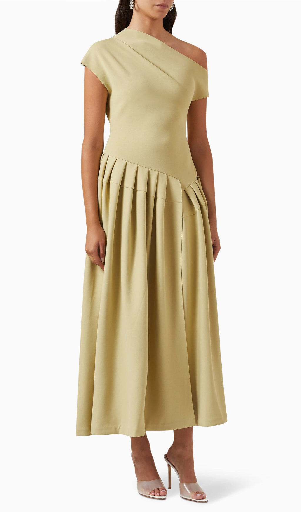 Asymmetry One Shoulder Jersey Midi Dress In Matcha