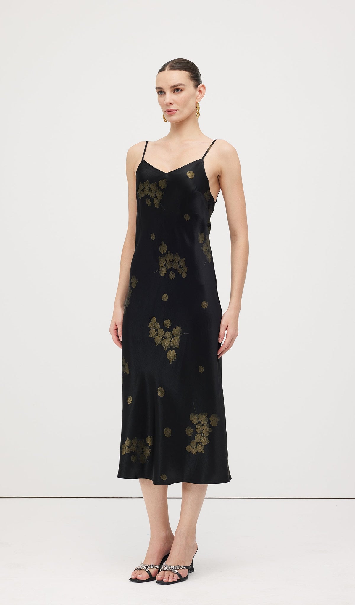 Floral Satin V-Neck Midi Slip Dress