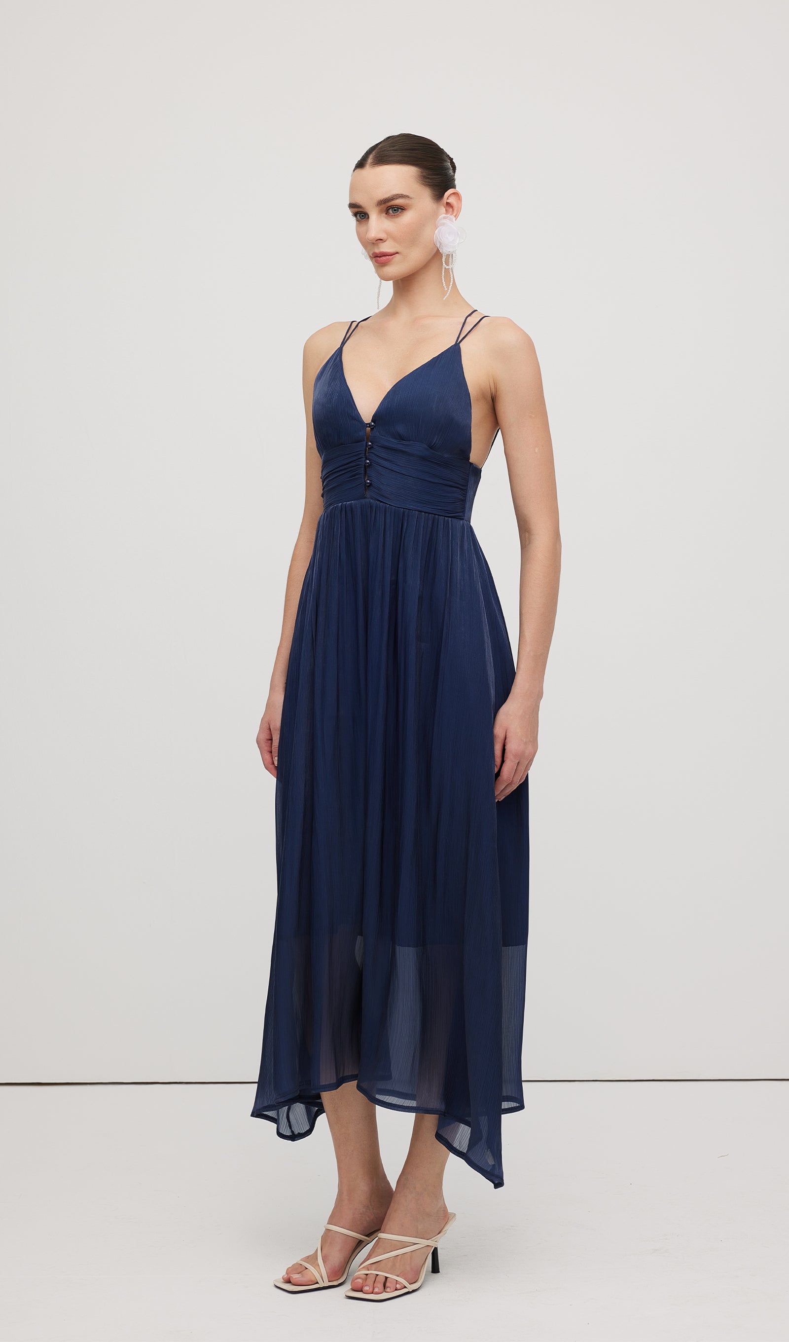 Deep V Neckline Open Back Midi Dress