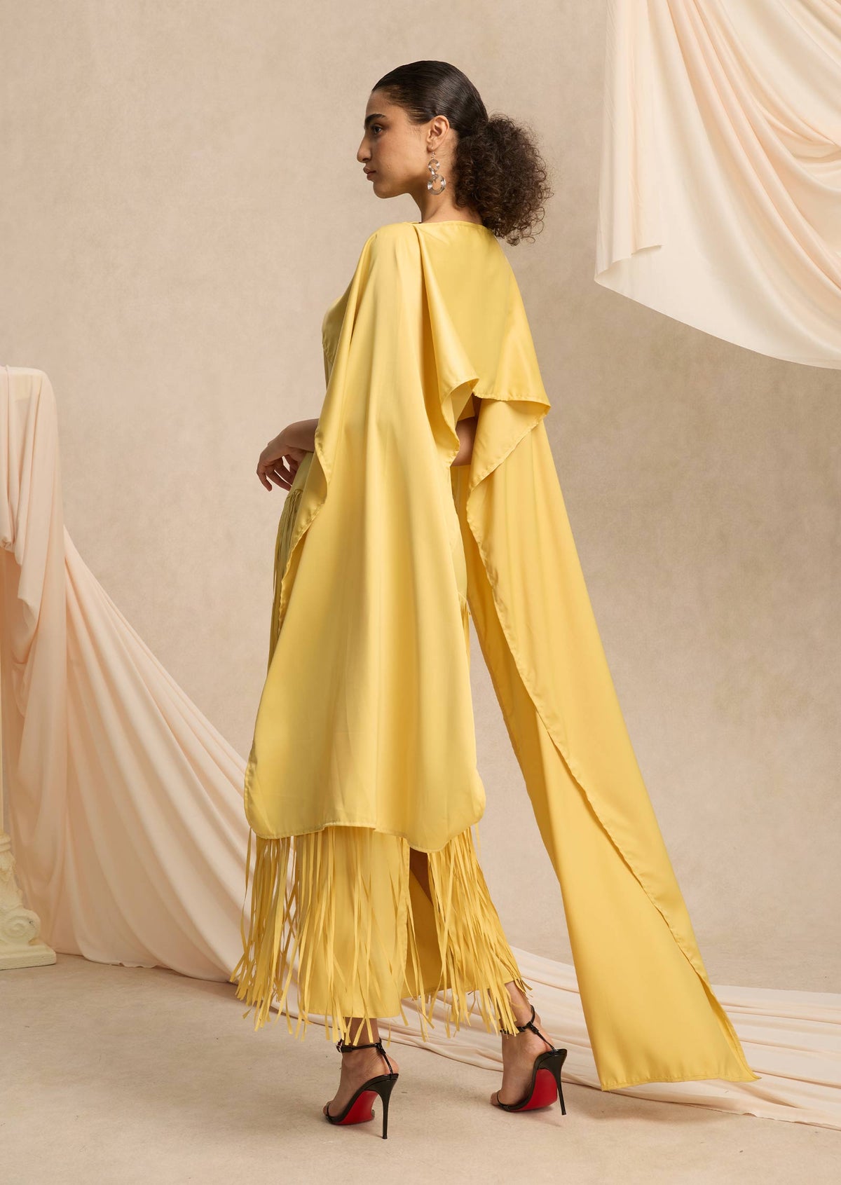 Cape Detailed Fringed Gown