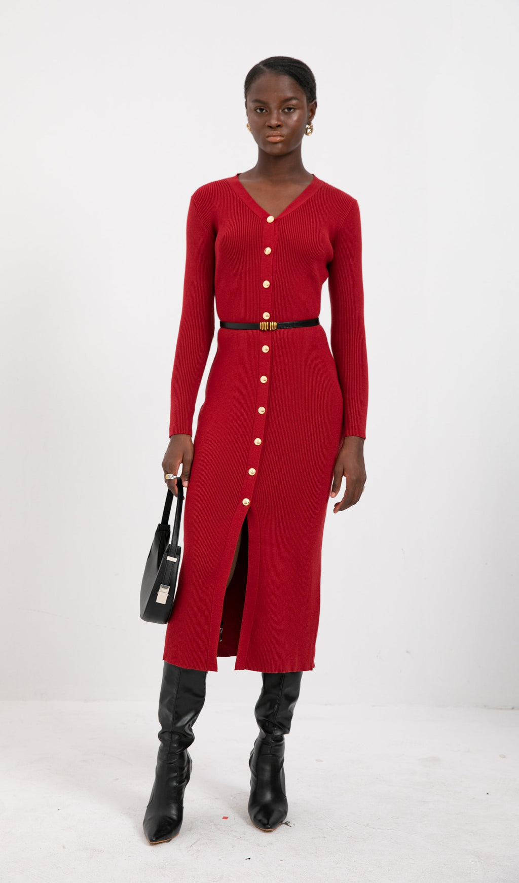 Trendy Red Knitted Midi Dress