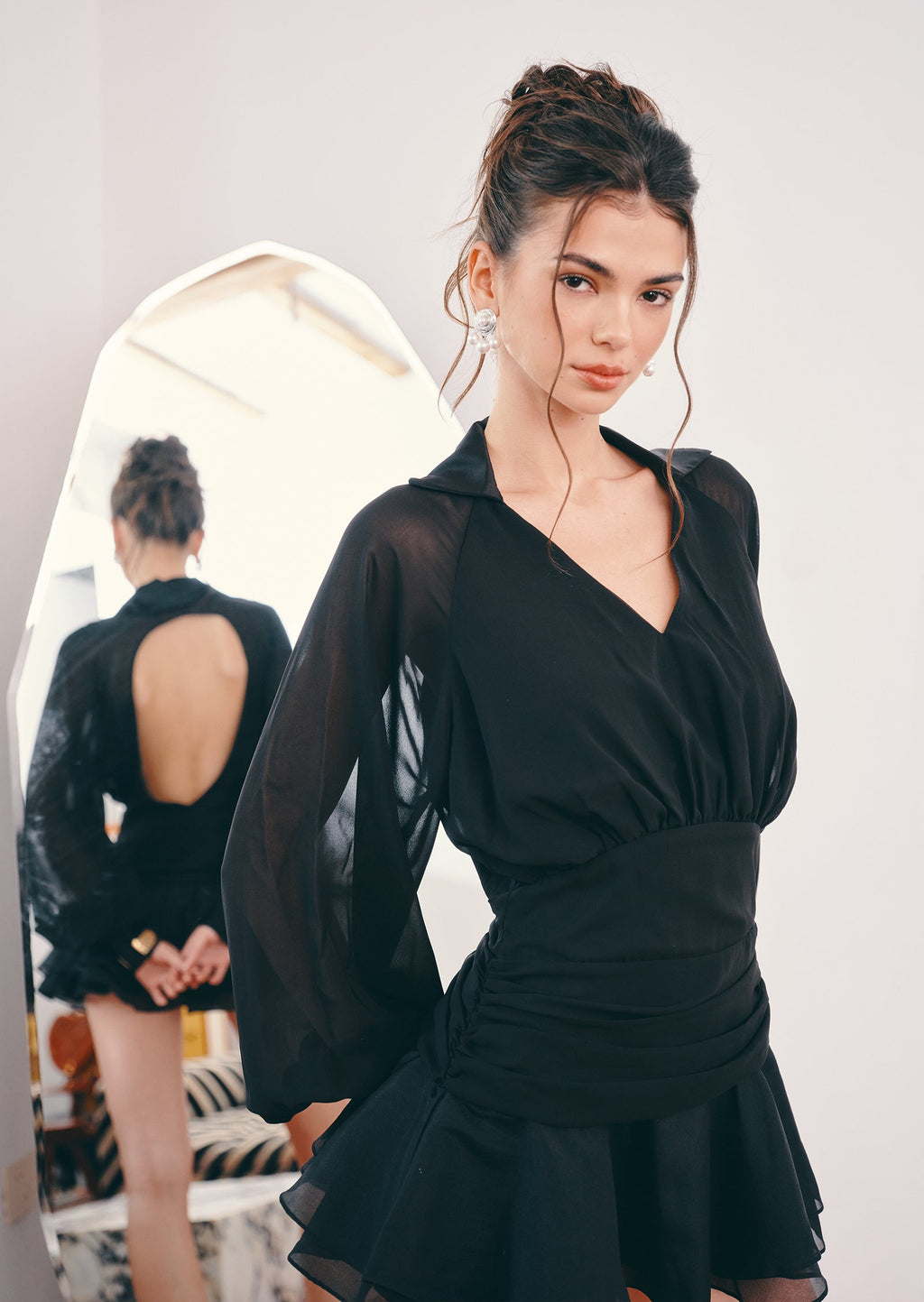 Solid Lantern Sleeve Mini Dress Black
