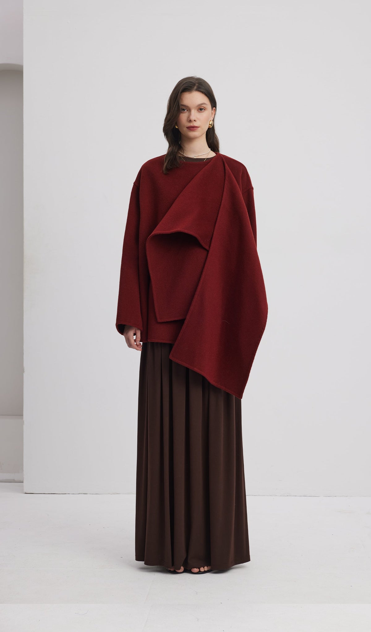 Solid Cape Style Coat-Wine Red