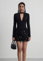 Deep V-neck Spliced Feather Sequin Mini Dress
