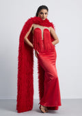 Hiba Fringe Detail Satin Maxi Dress With Fur Collar