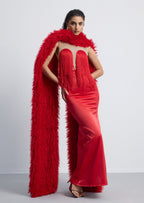Hiba Fringe Detail Satin Maxi Dress With Fur Collar