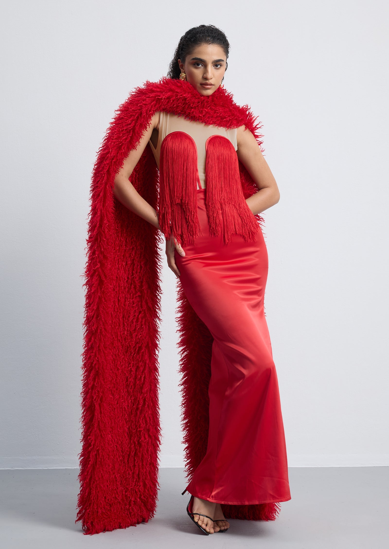 Hiba Fringe Detail Satin Maxi Dress With Fur Collar