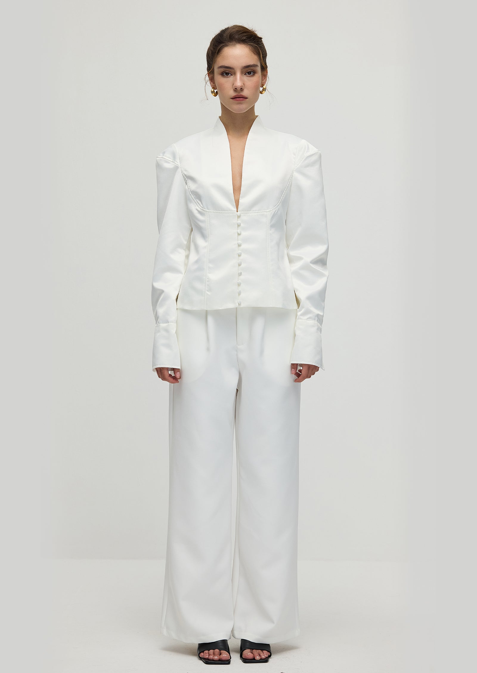Solid Deep V Wide Shoulder Coat