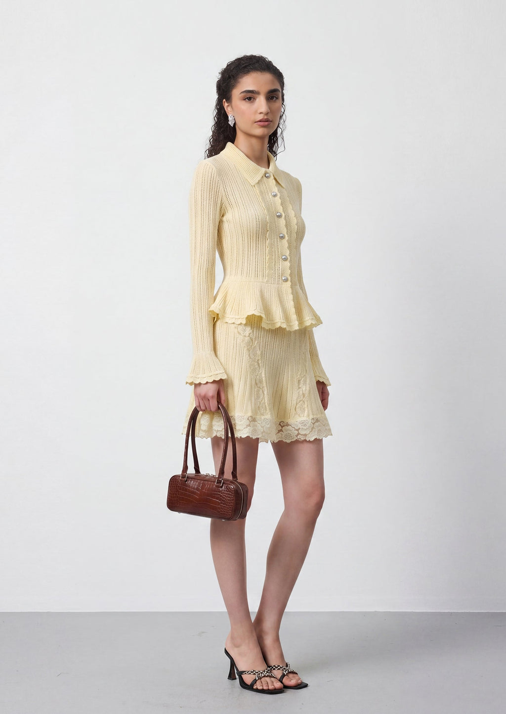 Pointelle Peplum Knit Mini Skirt Set In Yellow