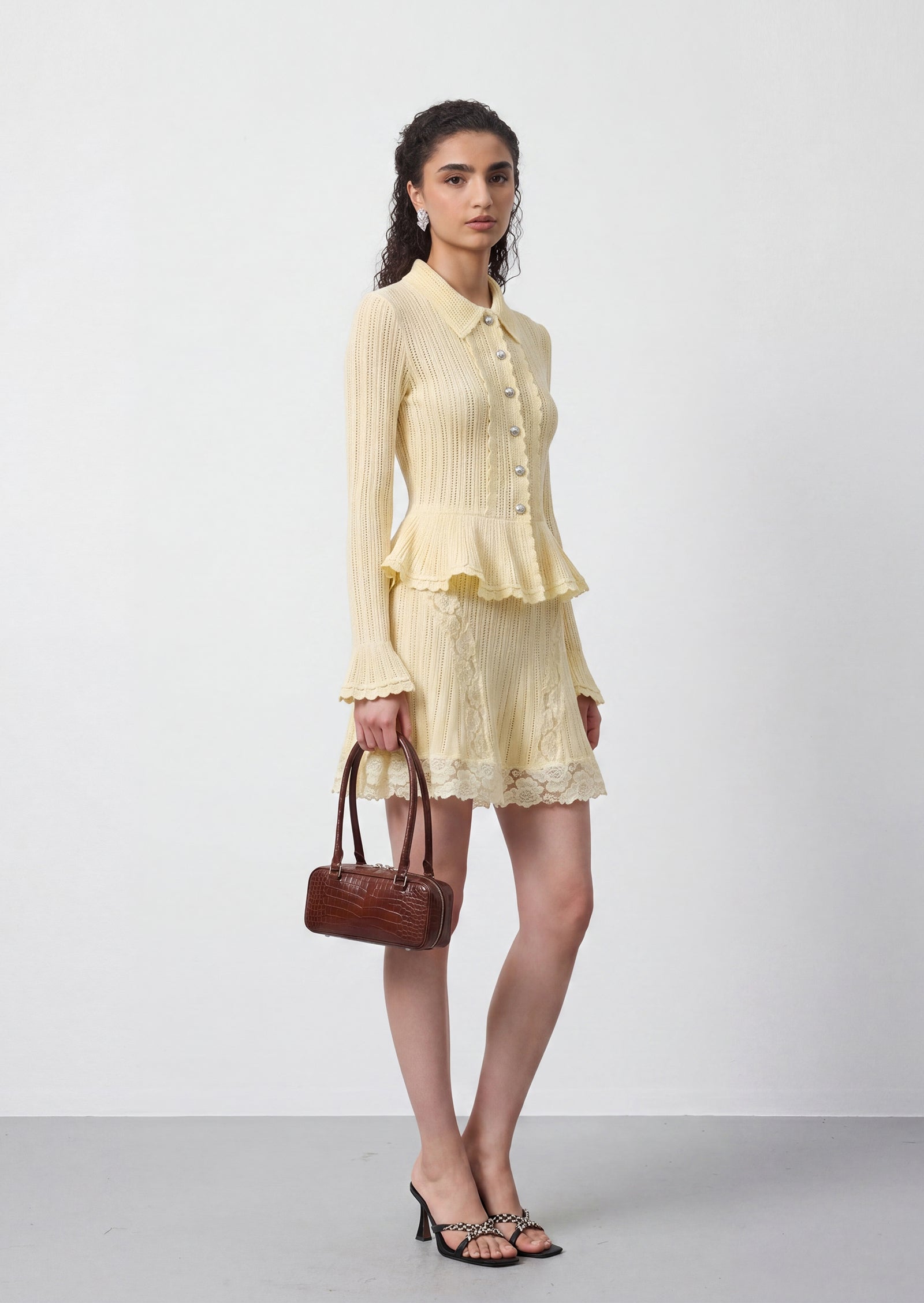 Pointelle Peplum Knit Mini Skirt Set In Yellow