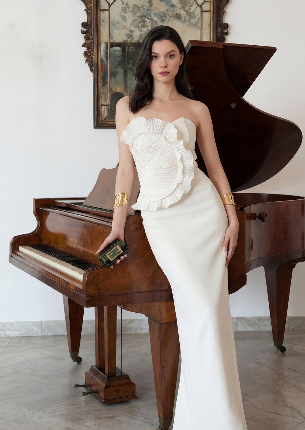 Off Shoulder Ruffled Midi Dress In White