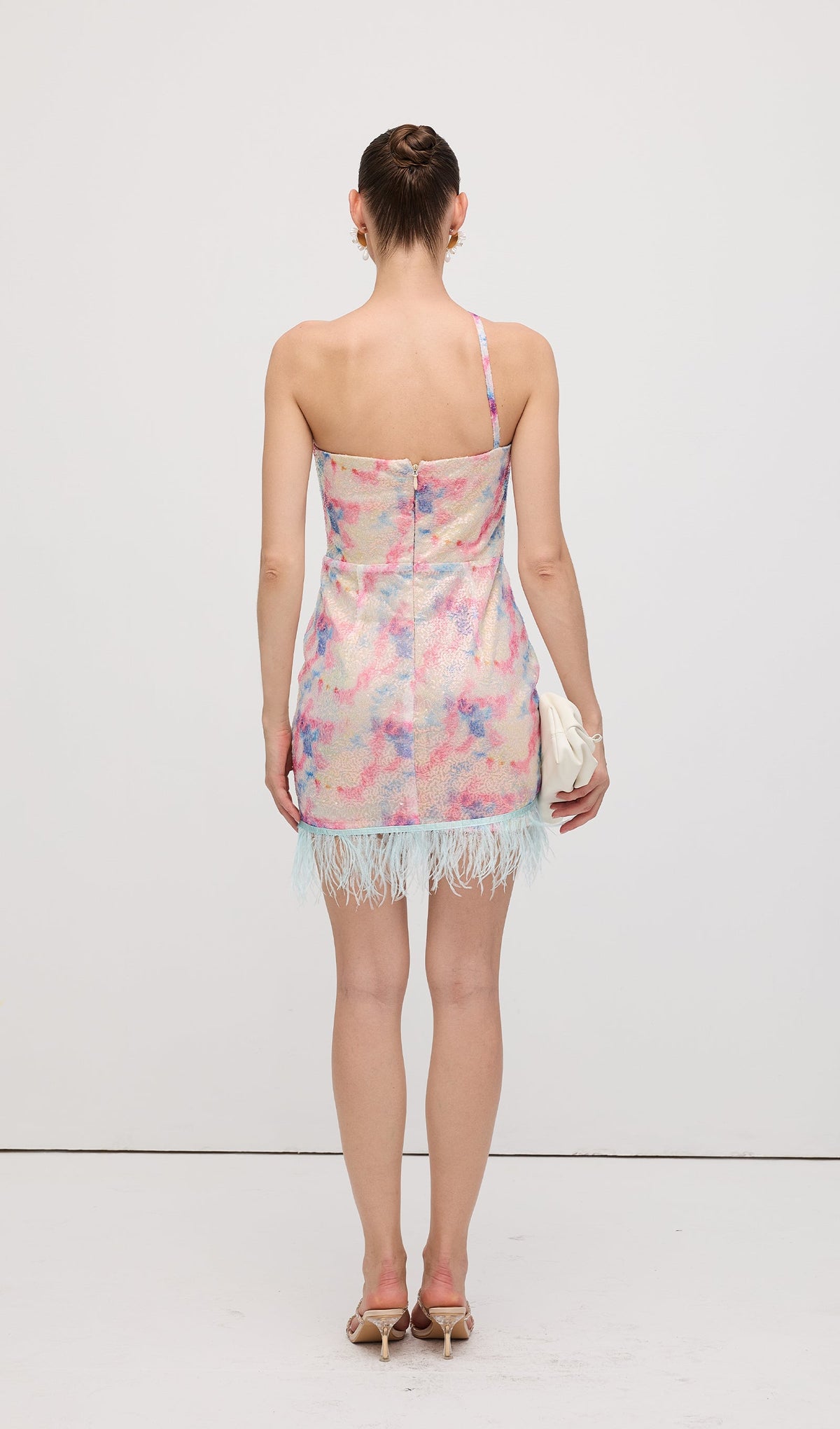 Asymmetric Sequined With Feathers Mini Dress