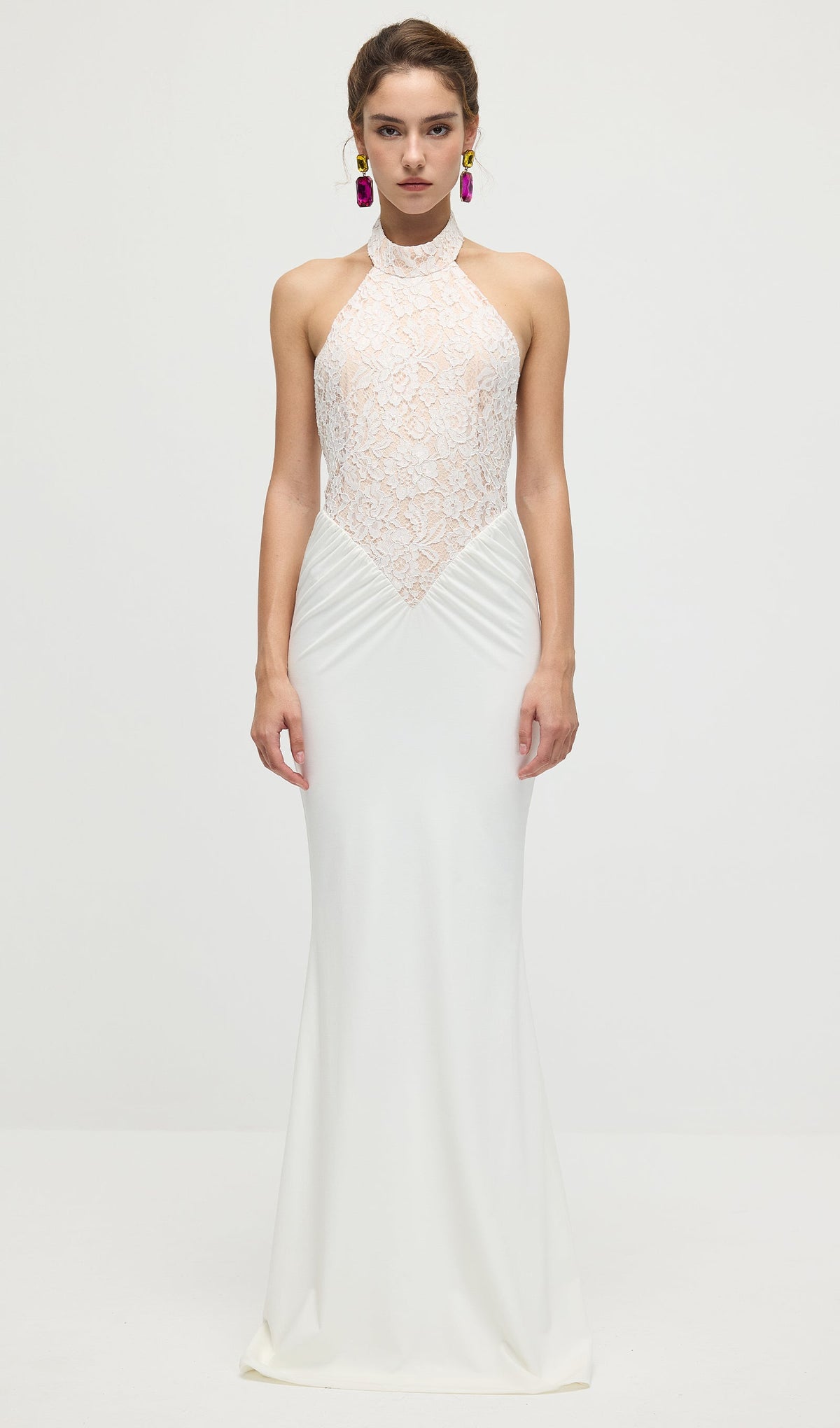 Gathered Lace Jersey Halterneck Dress