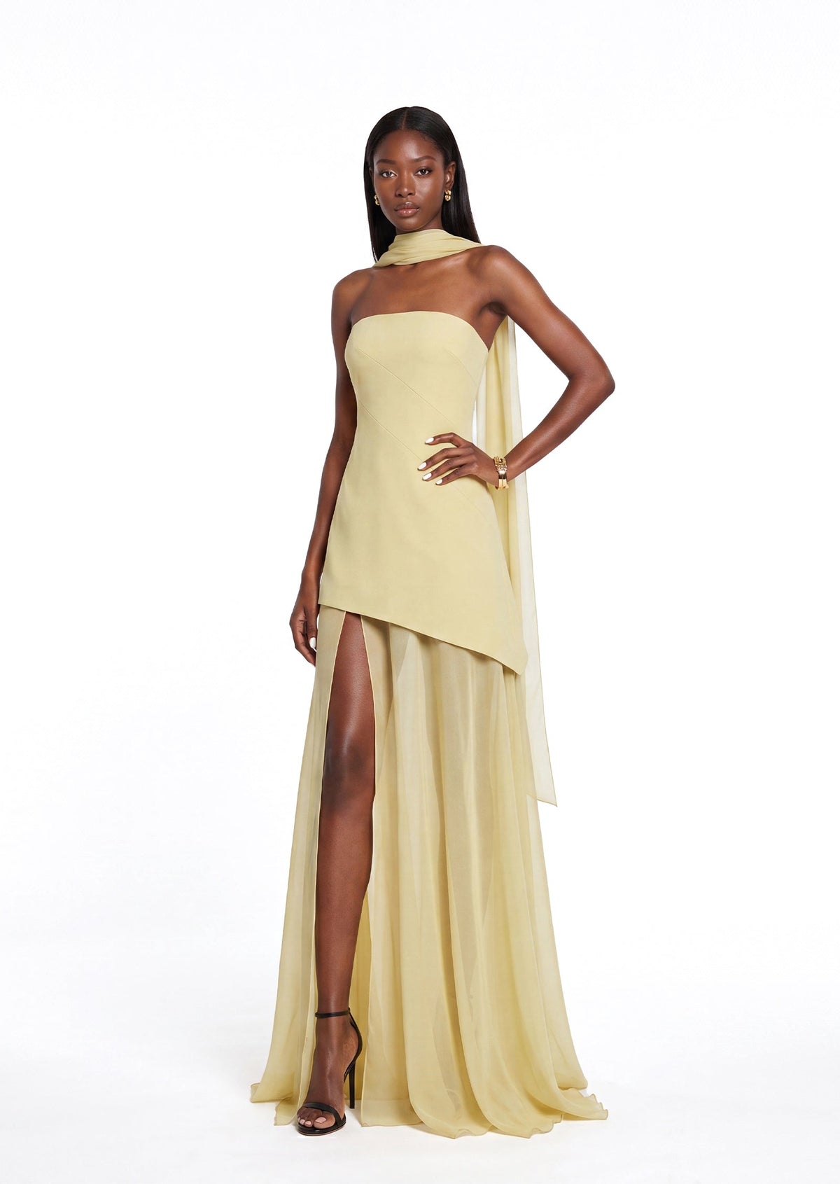 Halina Strapless Layered Train Maxi Dress In Lemom