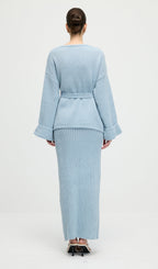 V Neck Waist Tie Knitted Top & Skirt Set
