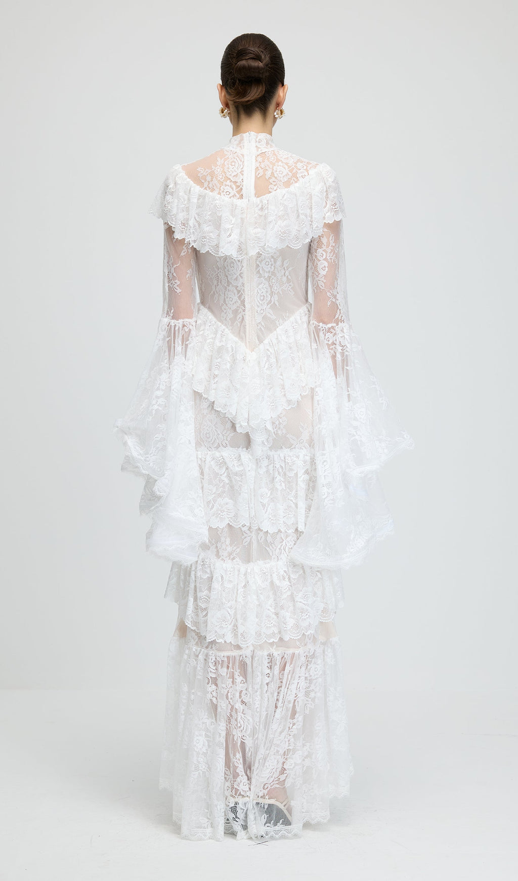 Floral Lace Ruffled Maxi Dress In White