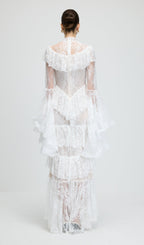Floral Lace Ruffled Maxi Dress In White