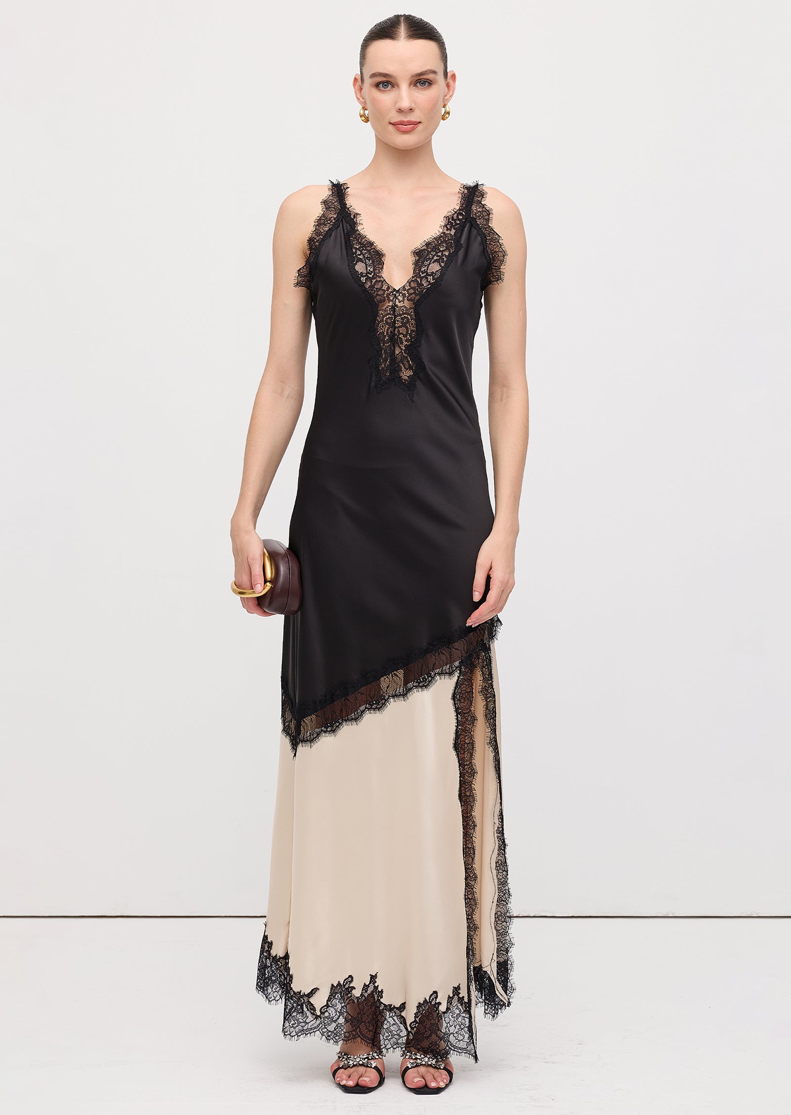 Diagonal Lace Slit Maxi Dress